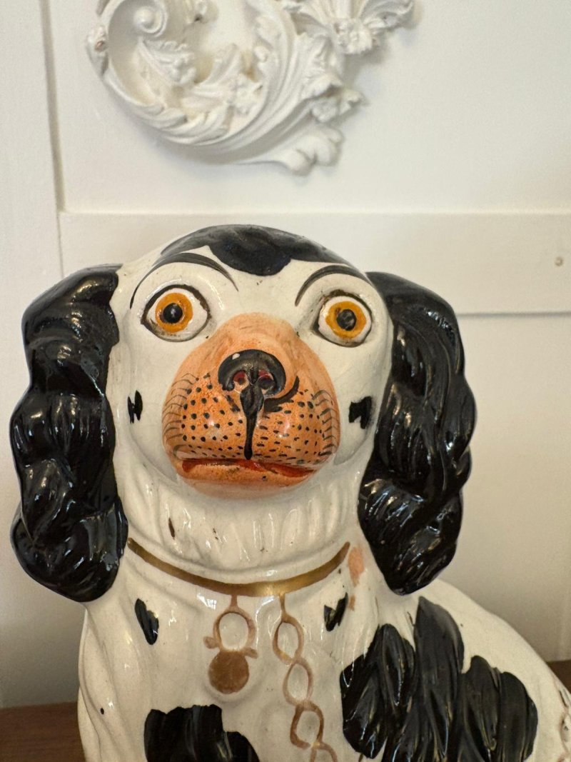 Antique Pair of Staffordshire Black & White Spaniel Dogs
